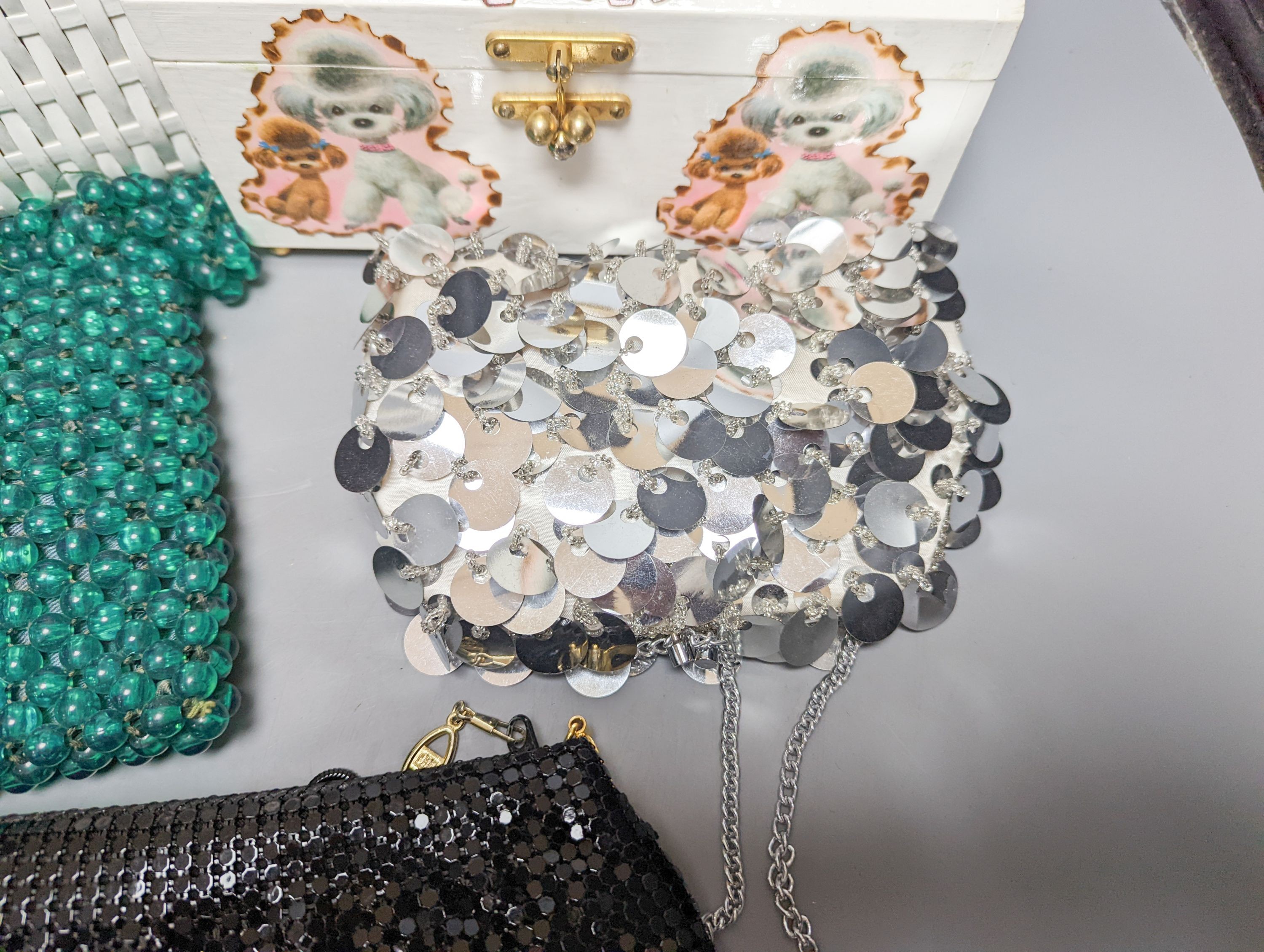Two American 1950's-60's novelty handbags and three beaded evening bags